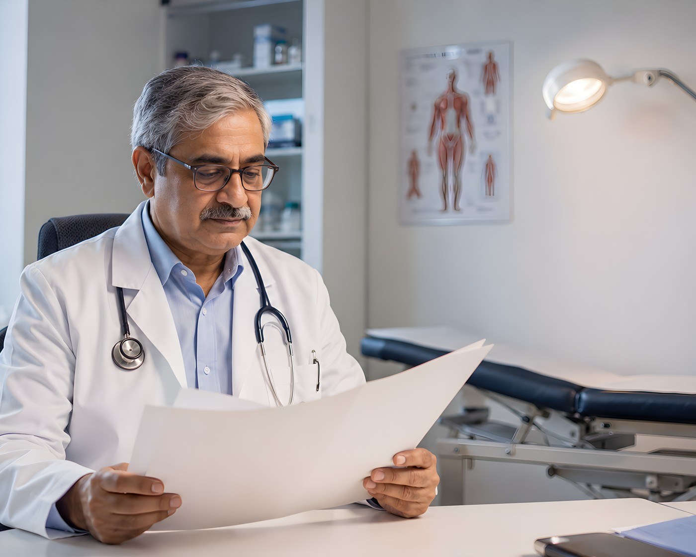 A physician reviewing a diagnostic report in an exam room