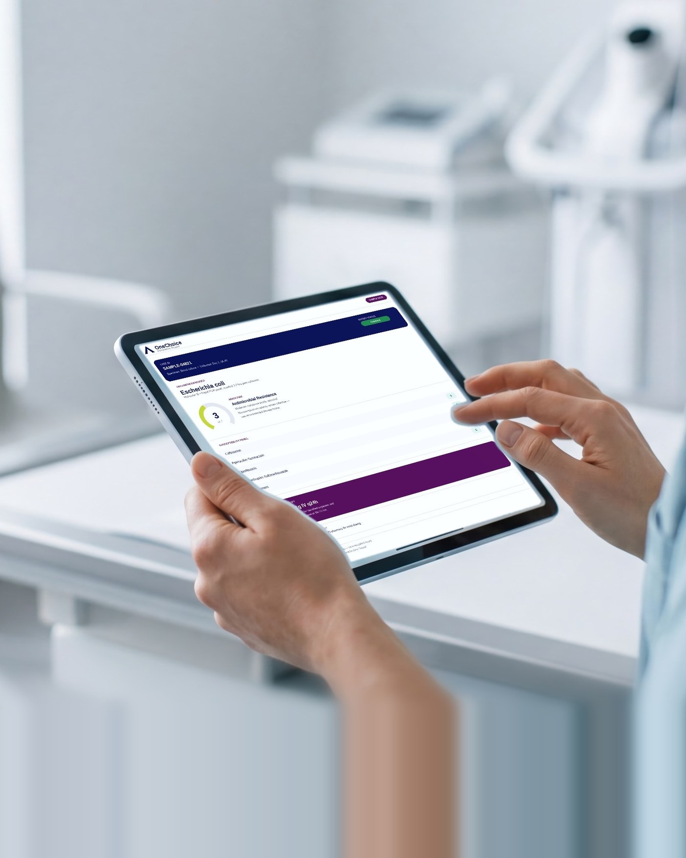 A clinician reviewing an Arkstone OneChoice interpretive report on a tablet with a colleague